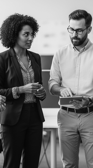 Two health plan professionals discussing work while reviewing a tablet