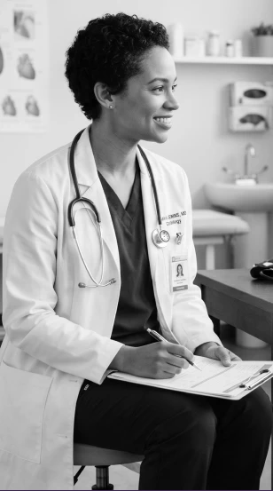 Smiling healthcare provider in a white coat with a stethoscope, holding a clipboard