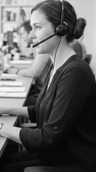 Call center agent in a headset working at her desk